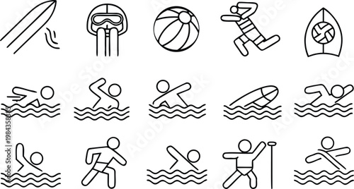 Summer sports and recreation vector icons set, collection of swimming, surfing, and beach activities symbols, isolated on transparency background.