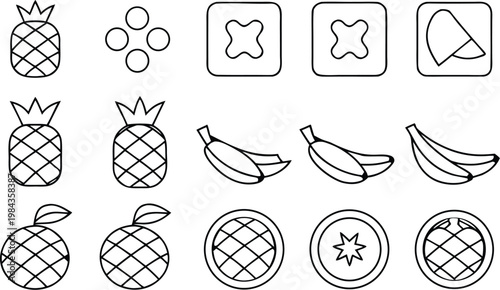 Tropical fruits vector icons set, collection of pineapple, banana, and citrus fruit symbols, healthy eating elements, isolated on transparency background.