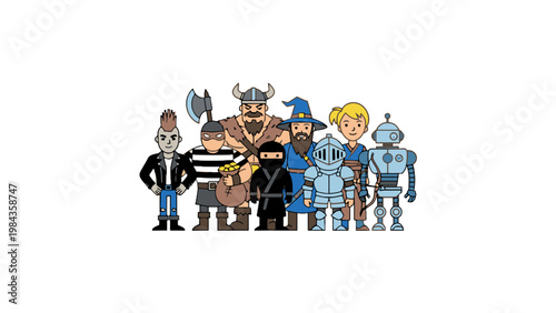 Cartoon character set featuring viking knight ninja and robot