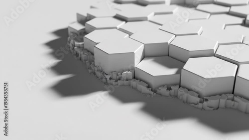 Abstract 3D White Hexagon Tiles Background. Futuristic Minimalist Geometric Honeycomb Pattern Rising from Ground. Clean Technology and Innovation Concept.