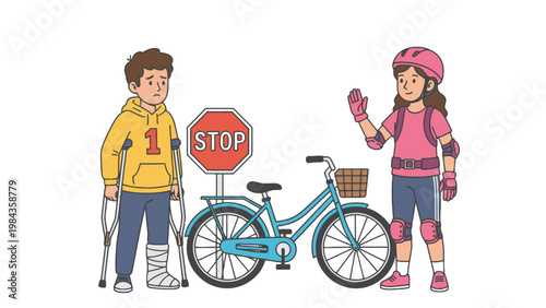 Injured boy with crutches and girl wearing cycling safety gear