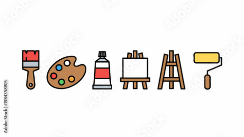 Art painting tools and supplies icon set on white background