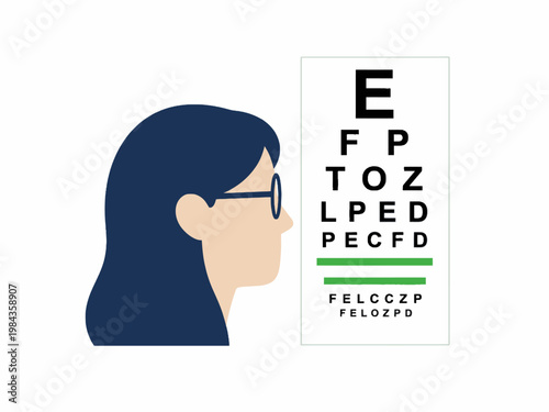 Woman with glasses looking at Snellen eye chart for vision test