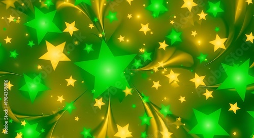 Abstract illustration of glowing green and yellow stars against a dark background