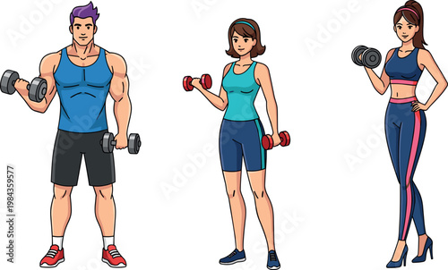 Athletic men and women lifting dumbbells fitness training characters gym workout strength exercise healthy lifestyle vector illustration set