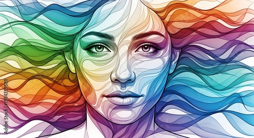 Abstract portrait of woman with rainbow hair and complex pattern