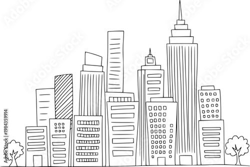 Hand-drawn black and white cityscape with tall buildings and trees urban architecture