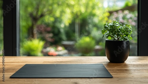 Wooden table, dark mat, small plant, garden view
