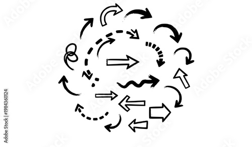 Chalk arrow collection with hand drawn sketch pointers and brush stroke directional icons in circular vector layout