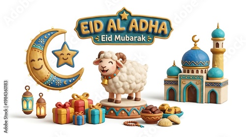 Eid al adha celebration festive graphics of crescent moon sheep mosque and gifts