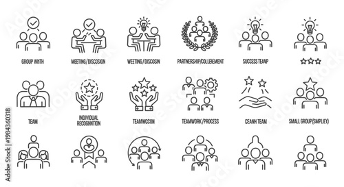 Collection of Business and Teamwork Icons Representing Collaboration, Strategy, and Success in a Professional Setting