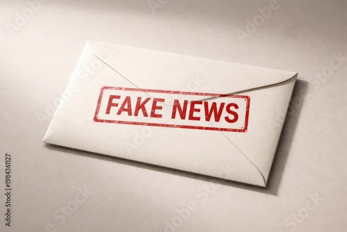 Red stamp with the words Fake News printed on a white envelope