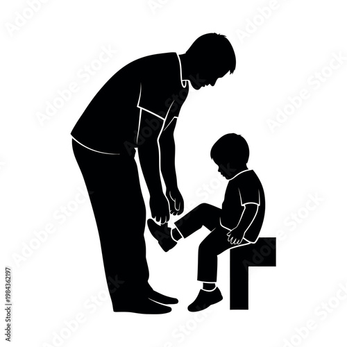 Father tying childs shoelaces silhouette.