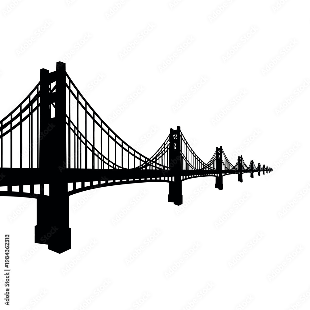 Fototapeta premium Silhouette of a Suspension Bridge Against a White Background.