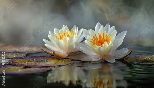 Two delicate white water lilies on tranquil pond