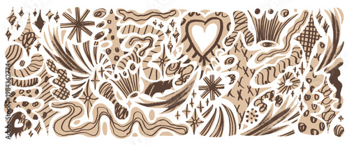 Paper cutout shapes and collage heart for scrapbook layouts with star, geometric figure, naive trinkets and asterisk set. Retro vector decoration with arrow and dot isolated on white bg.