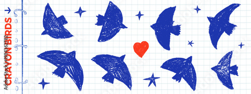 Blue crayon bird set with dove flock on notebook paper and red heart. Simple blue doodle and crayon icon for school or sticker print. Vector scribble dove in naive sky and childish ink art isolated.