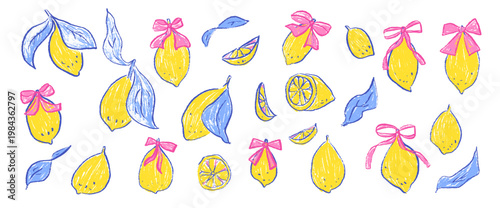 Hand-drawn crayon lemons and bow. Coquette whimsical citrus fruit set with Italian Amalfi coast vibes. Girly ribbons and fresh fruits. Vector lemon whole and half scribble pencil isolated no bg.