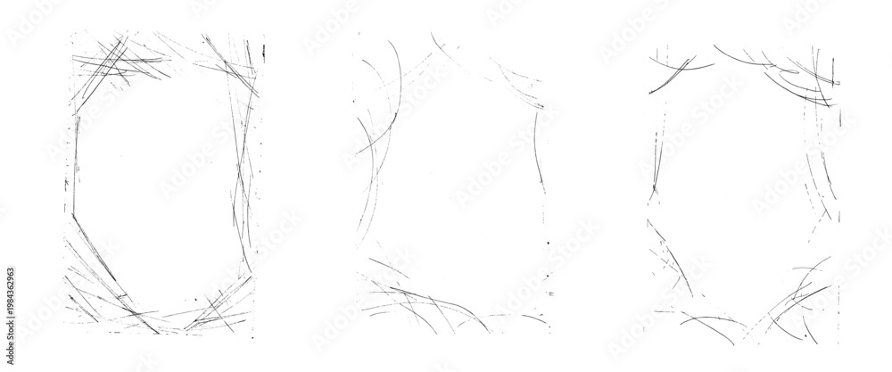Fototapeta premium Scratch frames set. Border with grunge distress chaotic lines and gritty chaos. Film straight line messy with random pencil stripe. Ice scratch, ink metal grunge. Vector handmade texture for grunge.