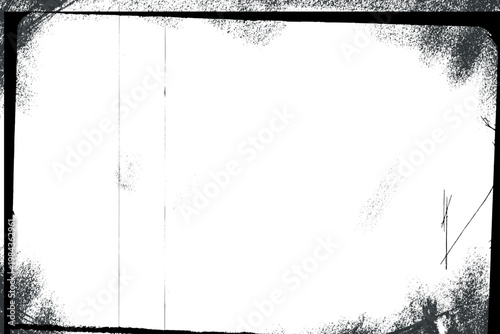 Grunge border or dust frame with handmade imperfection and vignette distress. Dark cinema border with rustic texture and dirty film overlay. Vector grainy noir screen for photo and print background.