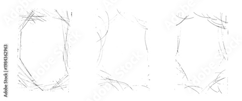 Scratch frames set. Border with grunge distress chaotic lines and gritty chaos. Film straight line messy with random pencil stripe. Ice scratch, ink metal grunge. Vector handmade texture for grunge.
