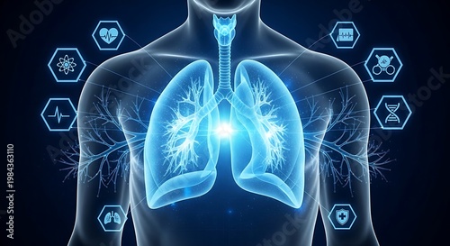 Digital medical illustration of human respiratory system showing healthy glowing lungs with healthcare and biology icons, wellness