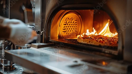 Wallpaper Mural Skilled chef crisp white coat gloves tenderly slides freshly baked pizza into commercial oven filling bustling restaurant kitchen enticing aromas during peak dinner hour, showcasing culinary expertise Torontodigital.ca