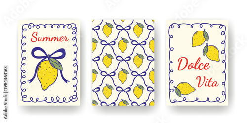 Dolce Vita postcard set. Poster template, leaflet, flyer, wall hanging, postcards with lemons and blue bows in Mediterranean style. Vertical summer cards with citrus fruits, vector graphics