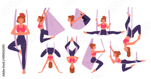 Set of women performing various fly yoga poses using aerial hammocks, demonstrating flexibility, strength, and balance, isolated on white background vector illustration