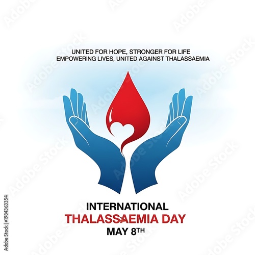 International Thalassaemia Day poster with hands holding a red heart-shaped blood drop, symbolizing unity and hope in the fight against Thalassemia.