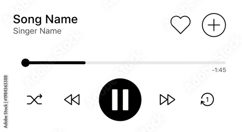 Simple interface for music player with playback controls like shuffle, rewind, pause, fast-forward, and repeat along with a progress bar