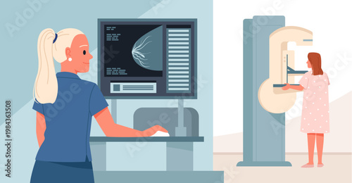 Female doctor reviews mammogram scan on computer while patient undergoes breast cancer screening with mammography machine in medical clinic vector illustration