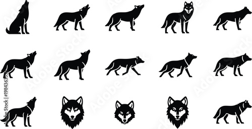 Various silhouettes of wolves and wolf heads with white background animal kingdom wildlife