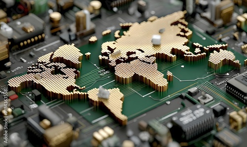 Global technology world map on circuit board background for international business and networking concept