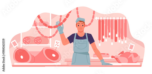 Friendly butcher presenting various sausages, ham, and poultry in an isolated meat shop vector illustration