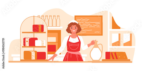 Smiling female shopkeeper stands behind counter with cheese, milk bottles, and dairy products, wearing apron and hat, in a cozy milk shop, isolated on white background vector illustration
