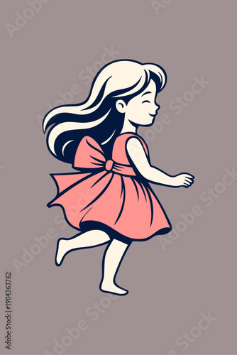 Logotipo de boutique de moda infantil. Dibujo minimalista con líneas de una niña andando con un vestido adornado con un nudo de lazo