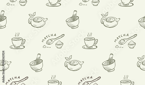 Green tea doodle background. Matcha pattern background. Japanese beverage seamless pattern for packaging. Hand drawn element of teacup, teapot, powder, hot drink, spoon.