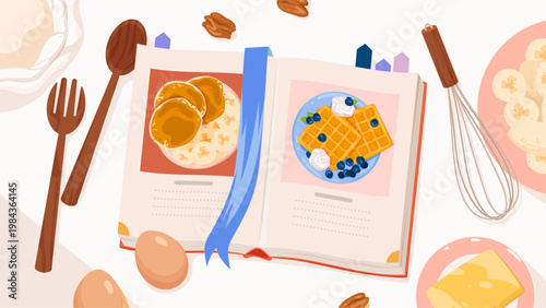 Isolated open recipe book showing pancake and waffle breakfast ideas with kitchen utensils and ingredients vector illustration