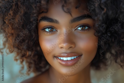 Portrait of beautiful african american woman with curly hair and perfect skin for beauty advertising