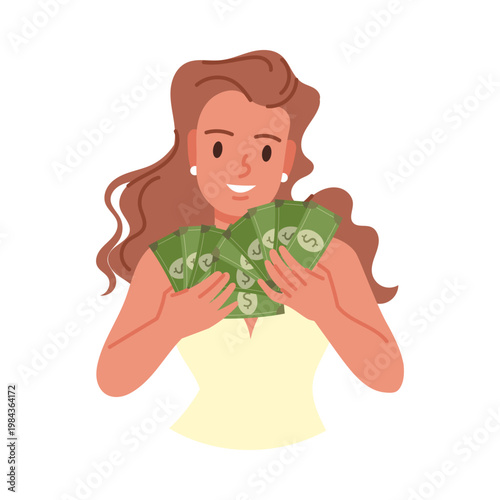 Smiling woman holding cash money showing wealth and success on isolated background vector illustration