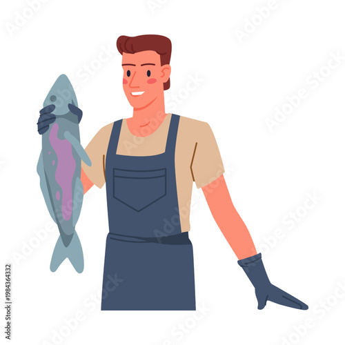 Smiling fish seller in apron holding large fish isolated on white background vector illustration