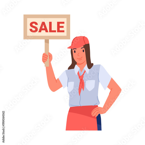Confident woman in uniform and cap holding a sale sign, promoting discounts and special offers, isolated on white background vector illustration