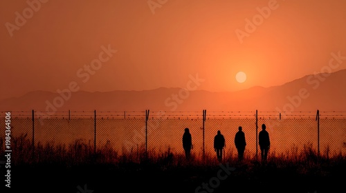 Silhouette people walking at sunset landscape photography orange sky fence mountain horizon travel scenic view