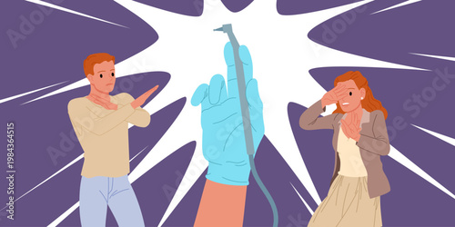 Man and woman showing fear of dentist s drill, gloved hand holding dental tool, expressing anxiety and dental phobia, dramatic background, healthcare concept vector illustration
