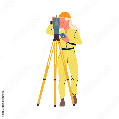 Woman surveyor in yellow uniform operating theodolite and holding tablet on isolated white background vector illustration