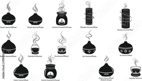Aroma Diffuser Icon Set Featuring Classic, Electric, Wooden, and Zen Designs for Relaxation, Wellness, and Home Decor