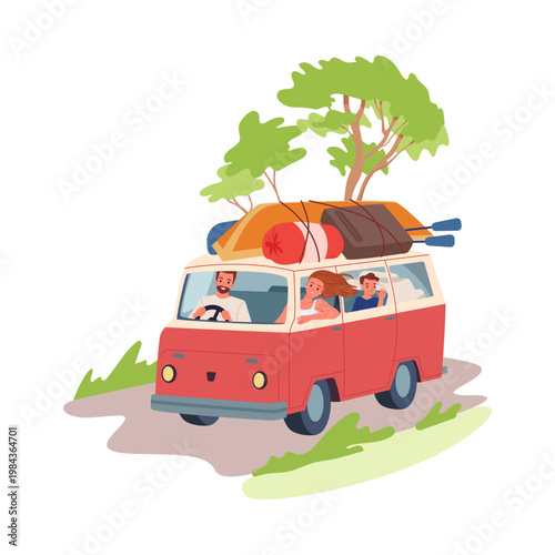 Happy family driving van with camping equipment on isolated white background vector illustration