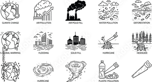 Environmental Crisis Icon Set Featuring Climate Change, Air Pollution, Water Pollution, Deforestation, and Natural Disasters for Awareness, Sustainability, and Eco-friendly Designs