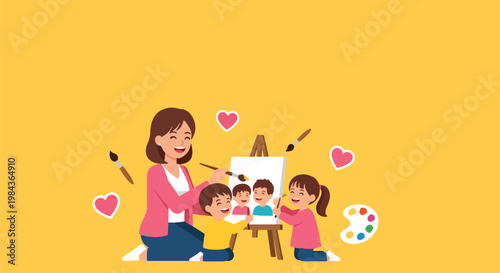 Creative mother painting family portrait on easel with two happy children and colorful art supplies.